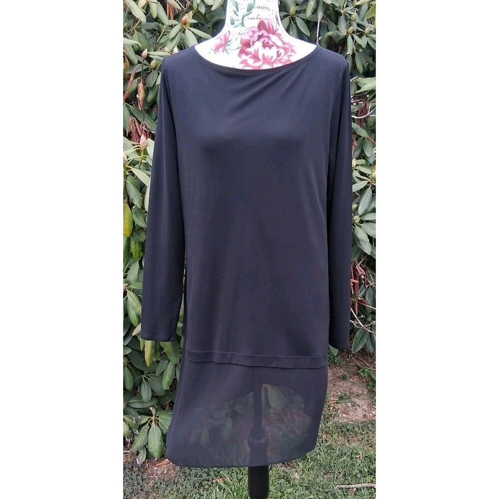 Eileen Fisher Womens Med Bateau Silk Tunic Top Black Sheer Lined Quiet Luxury